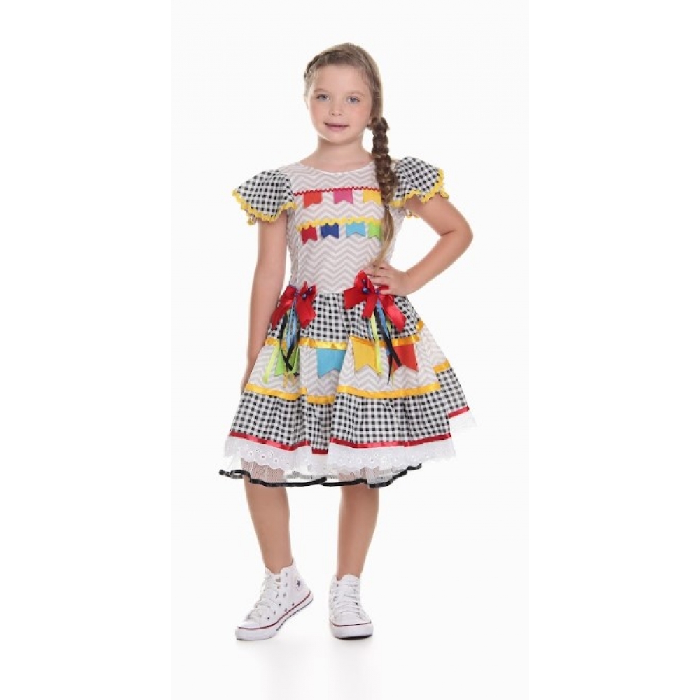 Vestido Junino Infantil Bandeirinhas Zig Zag - Fantasias Juninas