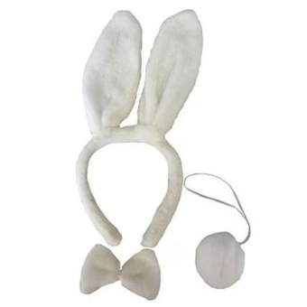 Kit Coelhinha Branca Pelúcia - Tiara, Gravata e Rabo