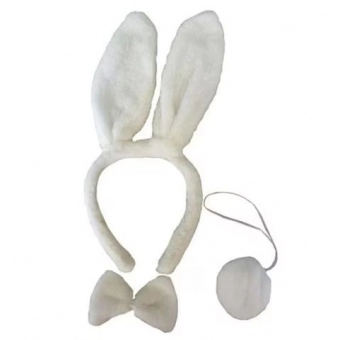 Kit Coelhinha Branca Pelúcia - Tiara, Gravata e Rabo