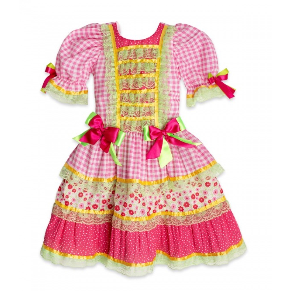 Vestido Junino Infantil Xadrez Rosa Com Renda - Fantasias Juninas