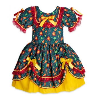 Vestido Junino Infantil Fogueira Verde