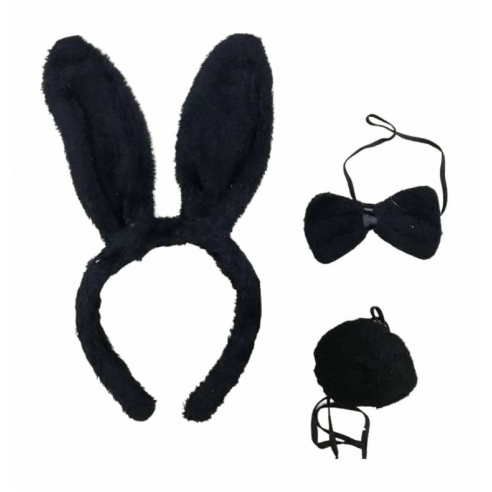 Kit Coelhinha Preta Pelúcia - Tiara, Gravata e Rabo - Acessórios para fantasia