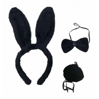 Kit Coelhinha Preta Pelúcia - Tiara, Gravata e Rabo