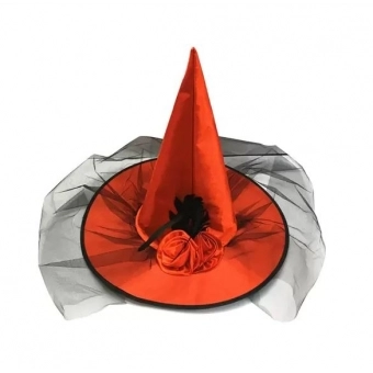 Chapéu de Bruxa Cetim com Flor e Véu Vermelho Adulto