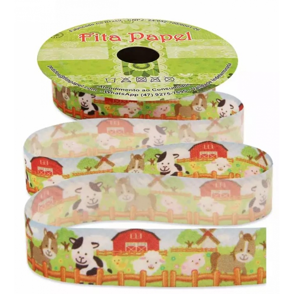 Fita de Gorgorão Estampada Fazendinha 25mm c/10m Fita Papel - Fitas