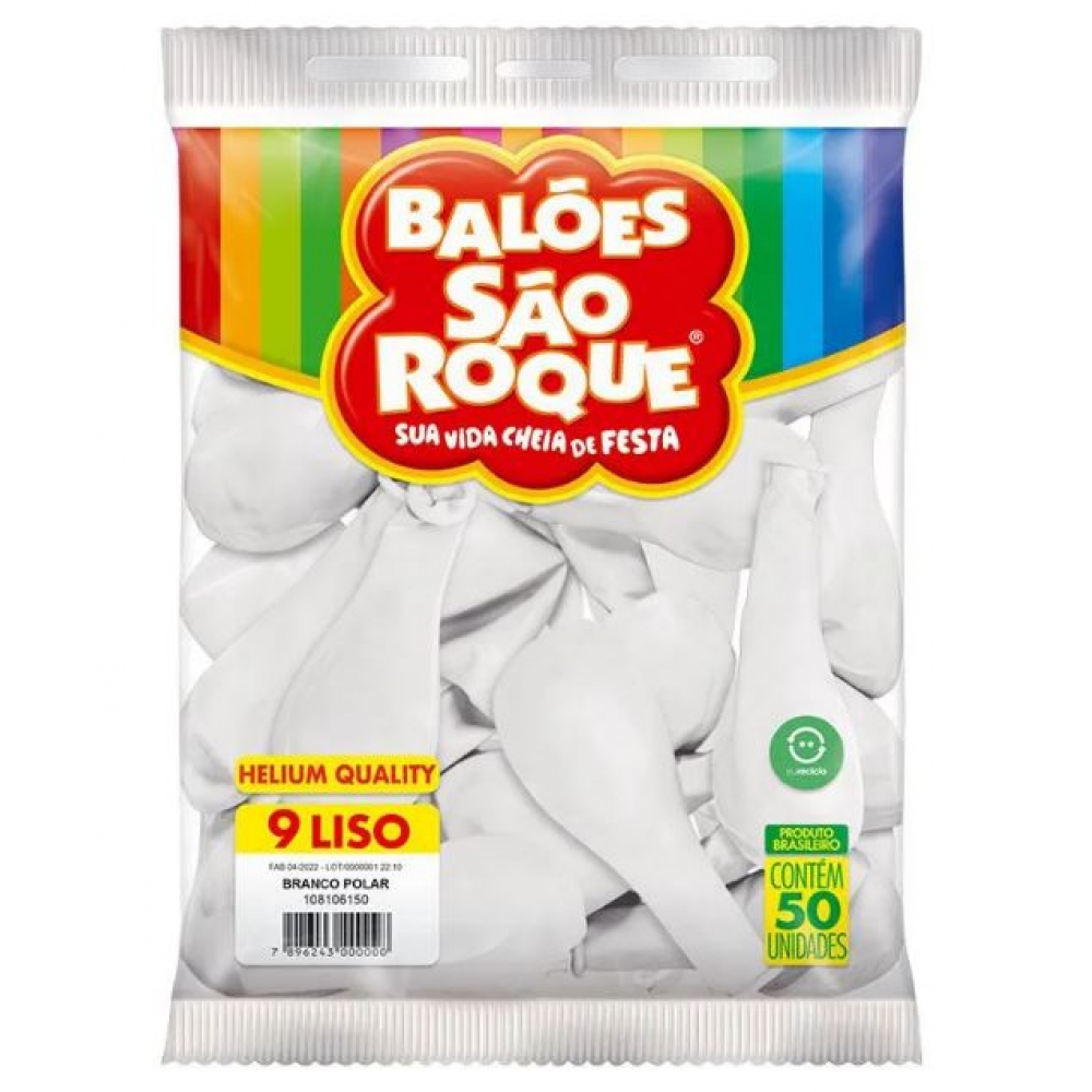 Balão 9 Liso Branco Polar c/50 São Roque - Balões