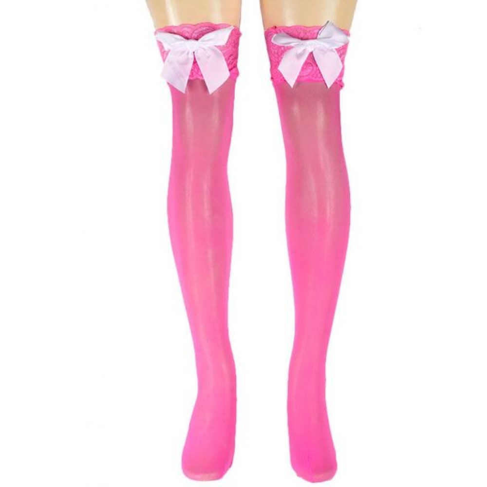 Meia 7/8  Pink Com Renda e Laço Branco Adulto - Acessórios para fantasia