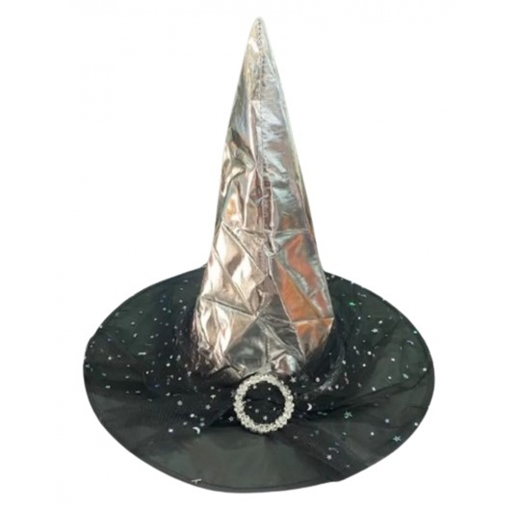 Chapéu de Bruxa Prata com Tule Adulto - Halloween