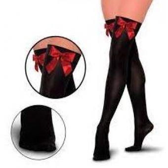 Meia 7/8 Lisa Preta Com Laço Vermelho Adulto