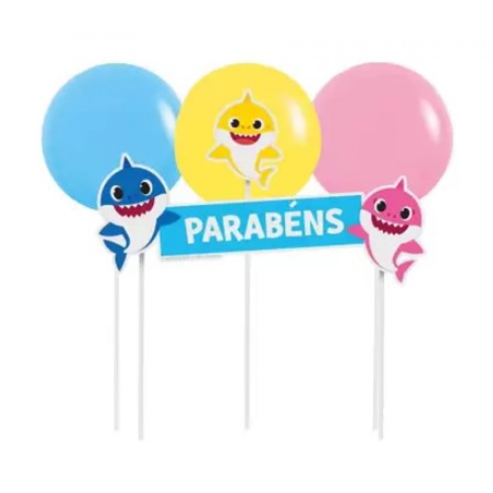 Kit Topo de Bolo Com Balões Baby Shark Cromus - Temas Infantis