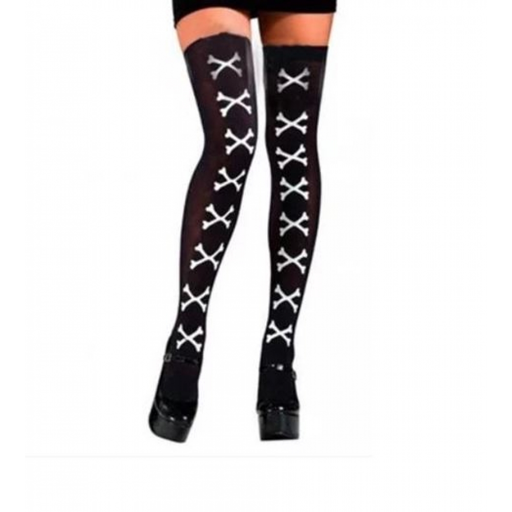 Meia 7/8 Halloween Preta Com Ossinhos Adulto - Acessórios para fantasia