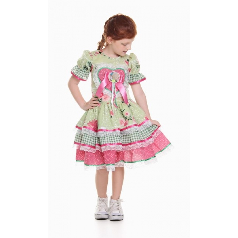 Vestido Junino Infantil Florido Verde - Fantasias Juninas