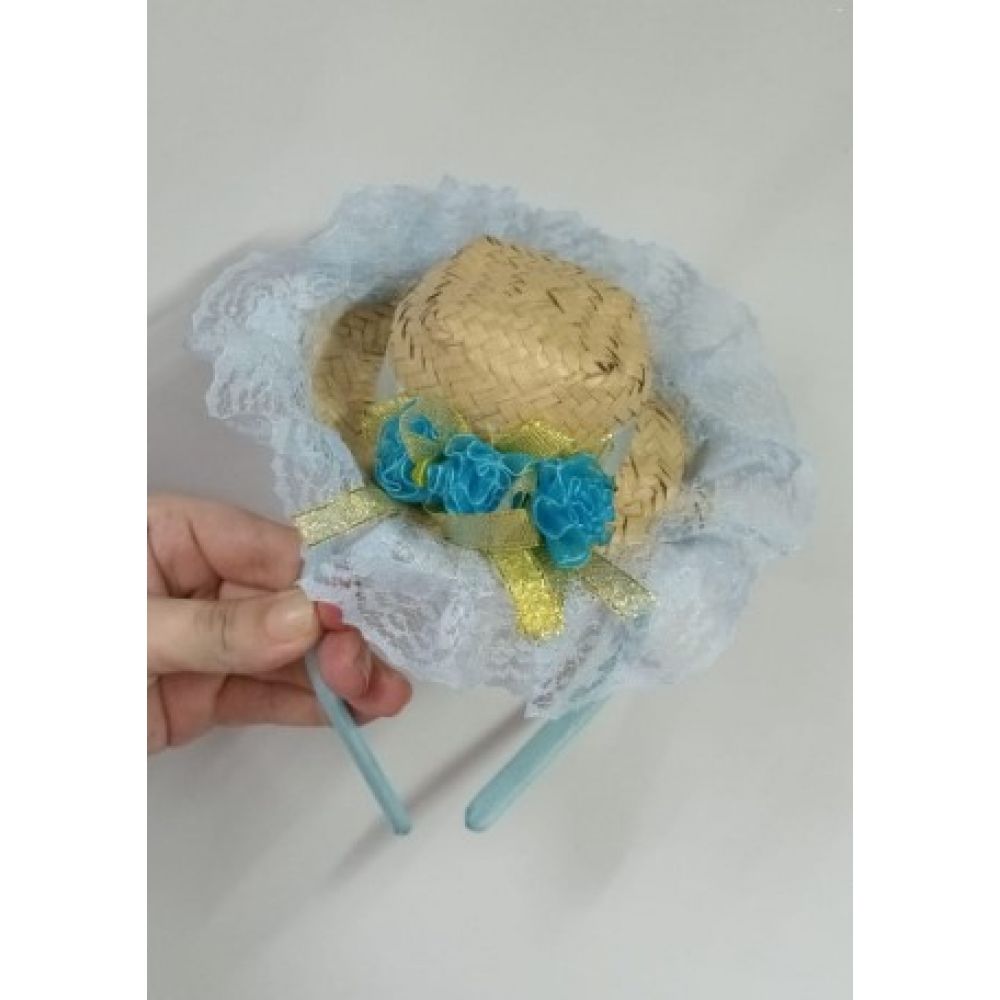 Tiara Junina Chapéu Boneca Renda Azul - Festa Junina