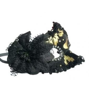 Máscara Veneza Preta e Dourada com Flor