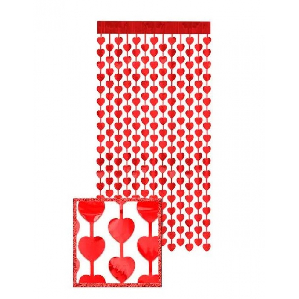 Cortina Metalizada Coração Vermelho 1m x 2m - Decoração de Festas