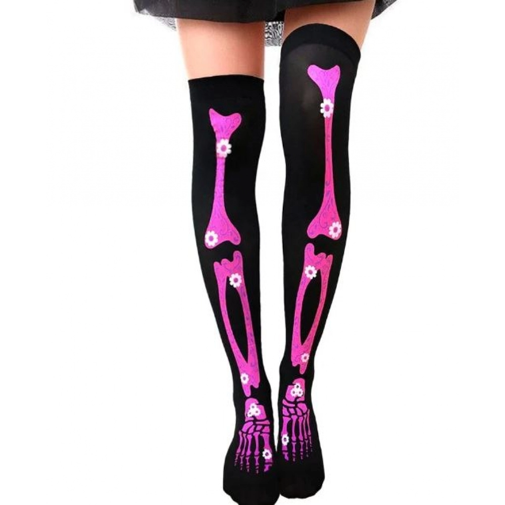 Meia 7/8 Preta Com Esqueleto Rosa Adulto - Acessórios para fantasia