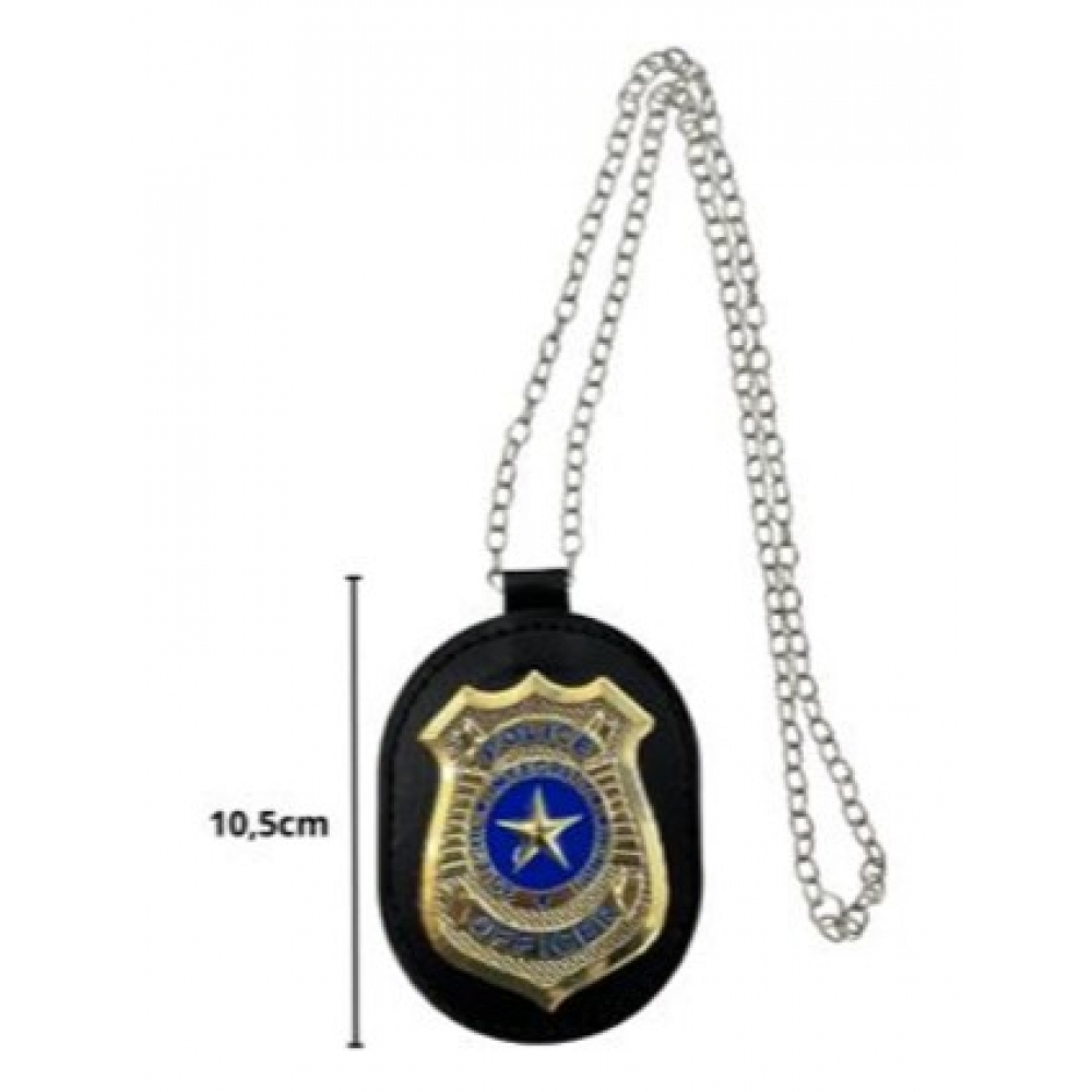 Distintivo Policial Redondo Dourado Com Corrente - Acessórios para fantasia