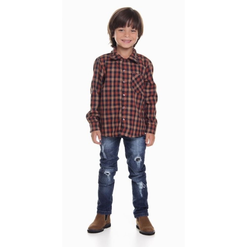 Camisa Junina Infantil Flanela Xadrez Laranja - Fantasias Juninas