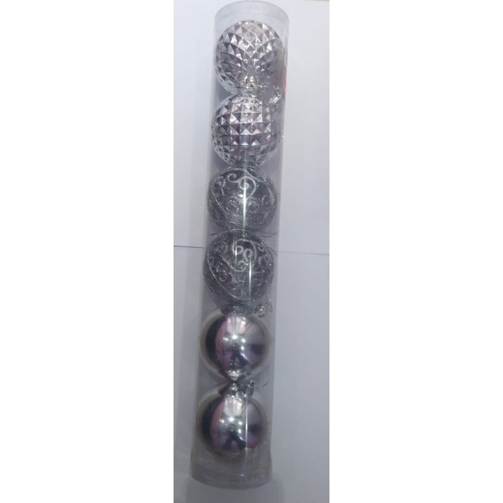 Enfeite Bola Natalina Craquelada/ Lisa/ Glitter Prata 8cm c/6 - Natal