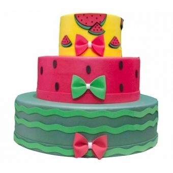 Bolo Fake Amarelo Melancia 3 Andares Modelo 2 Cia do E.V.A