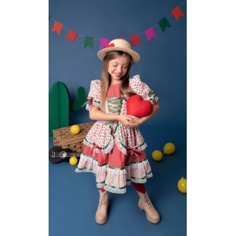 Vestido Junino Infantil Morango Com Renda