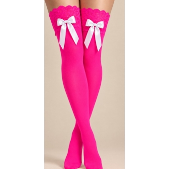 Meia 7/8 Lisa Pink Com Renda e Laço Branco Adulto