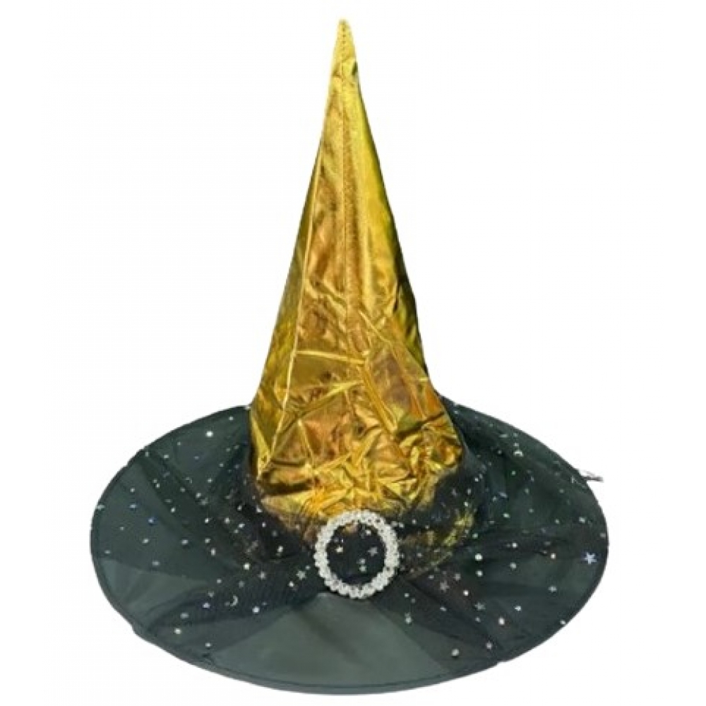 Chapéu de Bruxa Dourado com Tule Adulto - Halloween
