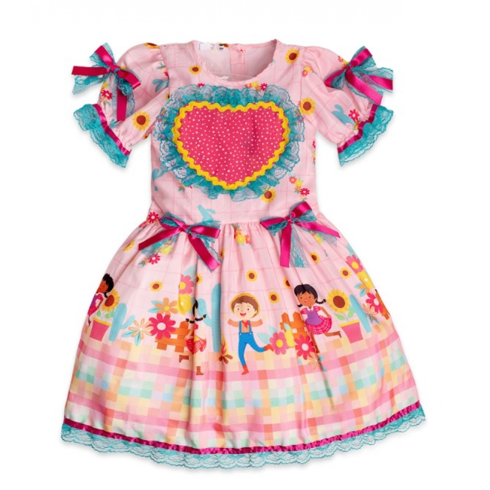 Vestido Junino Infantil Coração Rosa - Fantasias Juninas