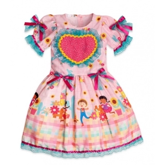 Vestido Junino Infantil Coração Rosa