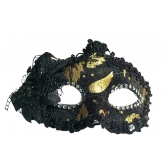 Máscara Veneza Preta e Dourada com Flor