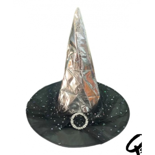 Chapéu de Bruxa Prata com Tule Adulto - Halloween