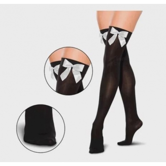 Meia 7/8 Lisa Preta Com Laço Branco Adulto