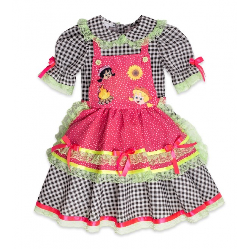 Vestido Junino Infantil Xadrez Preto Boneca - Fantasias Juninas