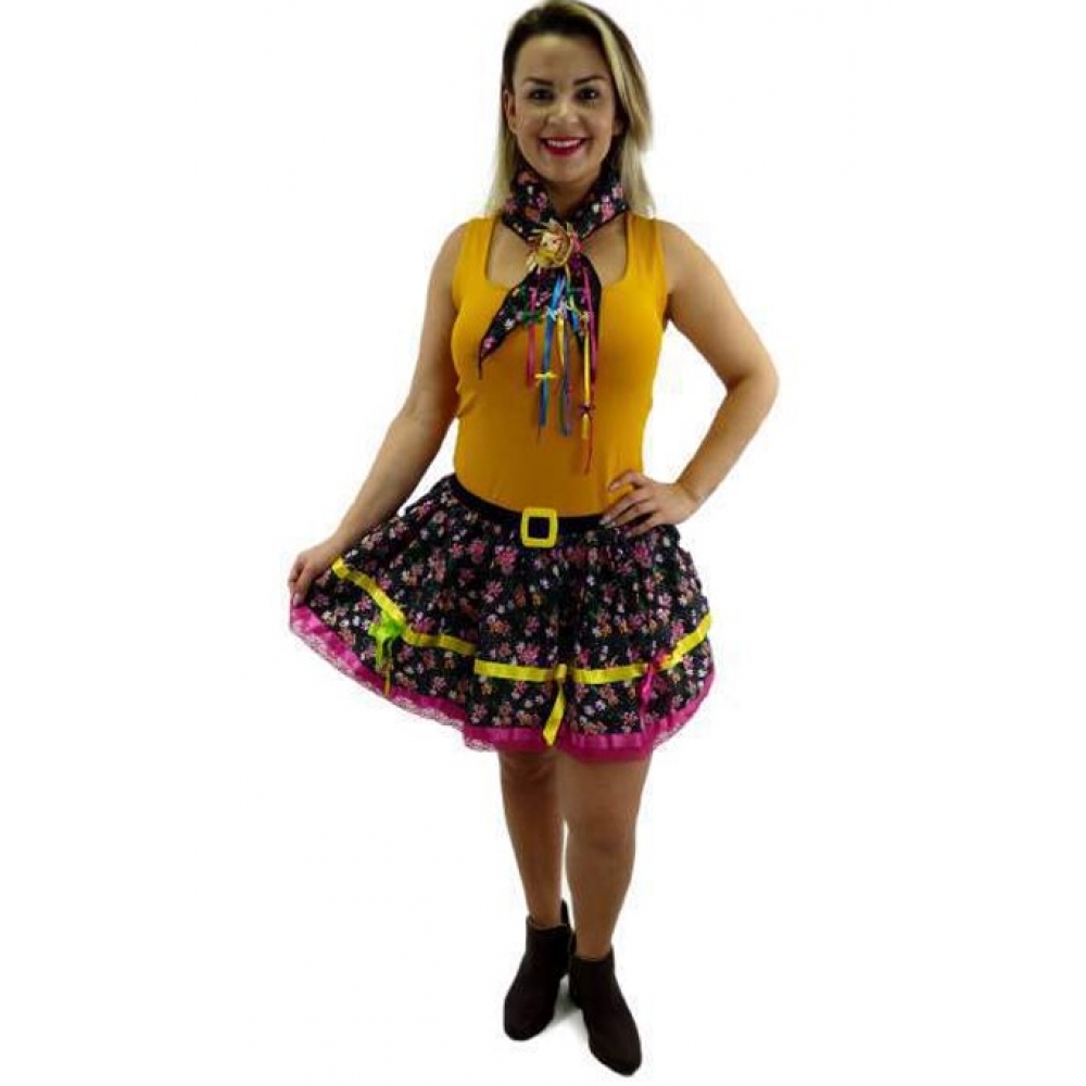 Saia Junina Adulto c/ Lenço e Remendo Masquerade - Fantasias Juninas