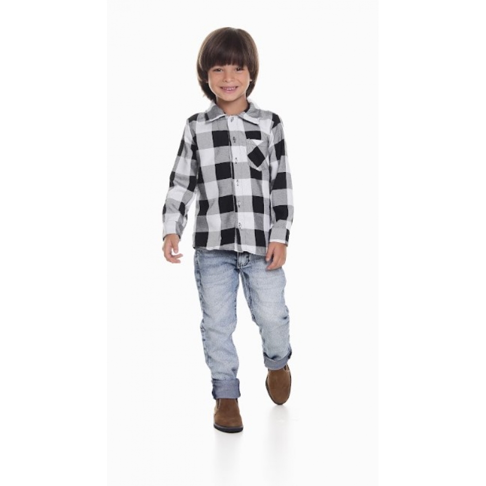 Camisa Junina Infantil Flanela Xadrez Preta - Fantasias Juninas