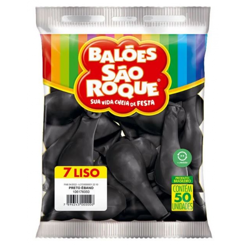 Balão 7 Liso Preto Ébano c/50 São Roque - Balões